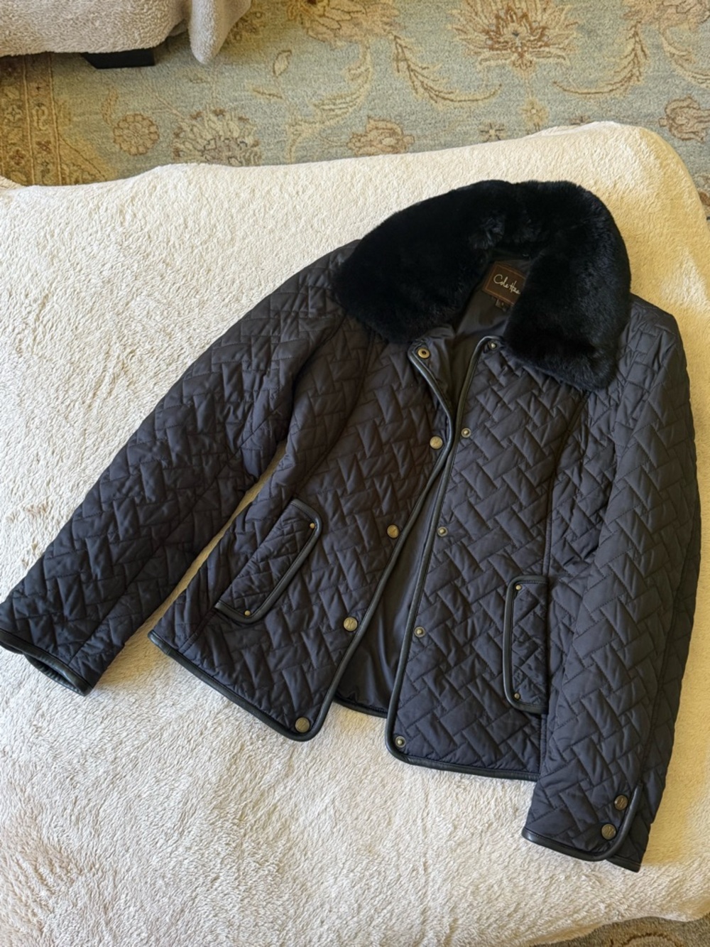 Cole Haan Black Quilted Coat with Faux Fur Trim